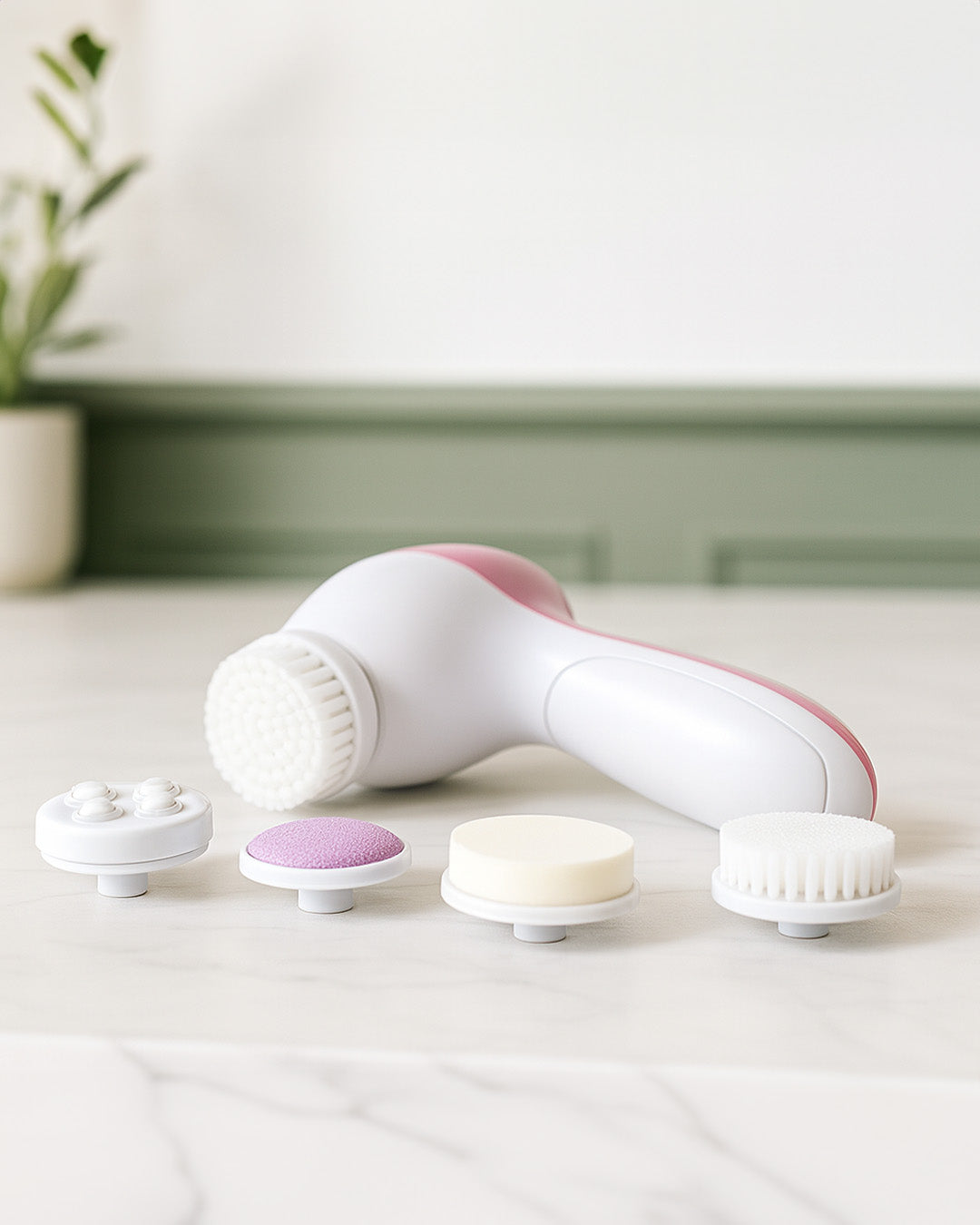 5-in-1 Facial Cleansing Brush and attachments sitting on off-white marble bathroom counter top