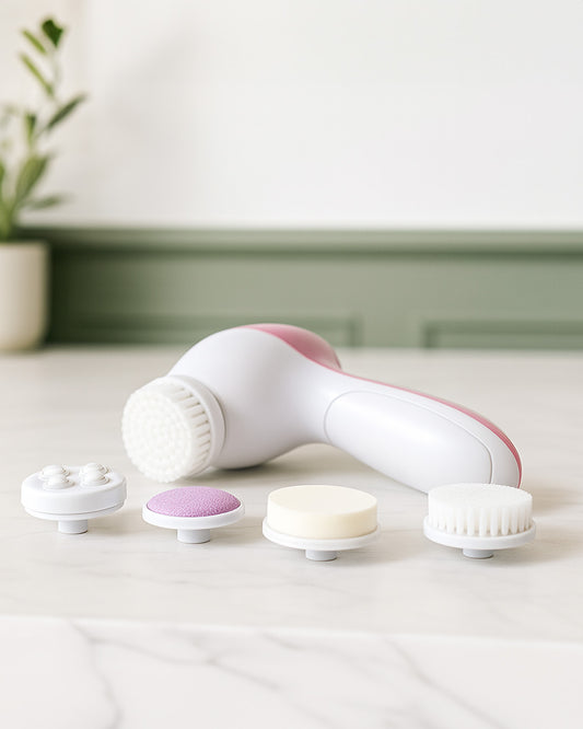 5-in-1 Facial Cleansing Brush and attachments sitting on off-white marble bathroom counter top