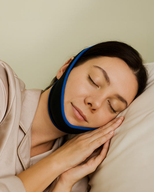 Woman sleeping with a blue chin strap against a light green wall.