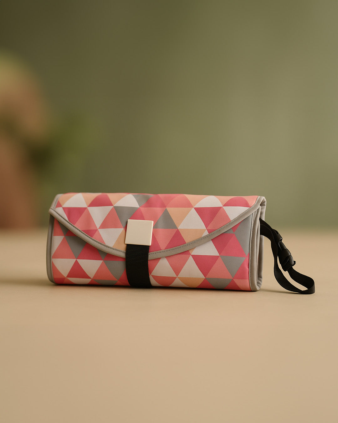 Patterned clutch bag with a strap on a beige surface
