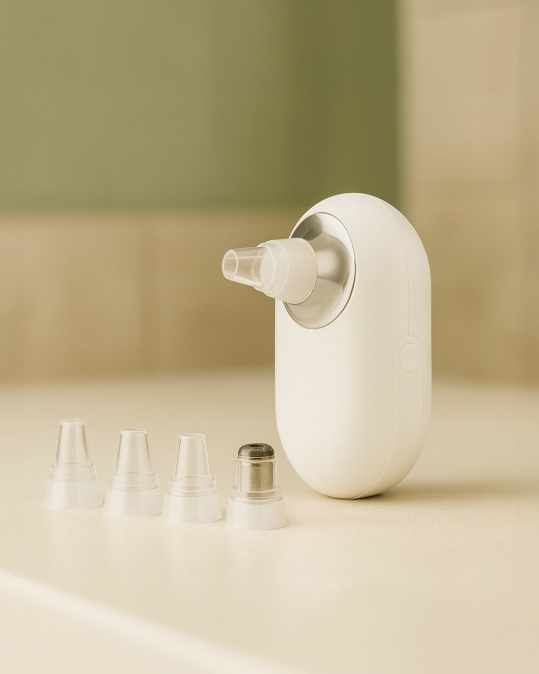 White and Silver Pocket Facial Deep Pore Cleaner with attachments sitting on cream bathroom counter top