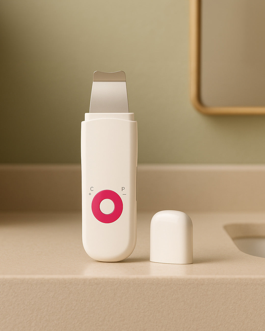 White skincare device with a pink circular logo on a beige surface.