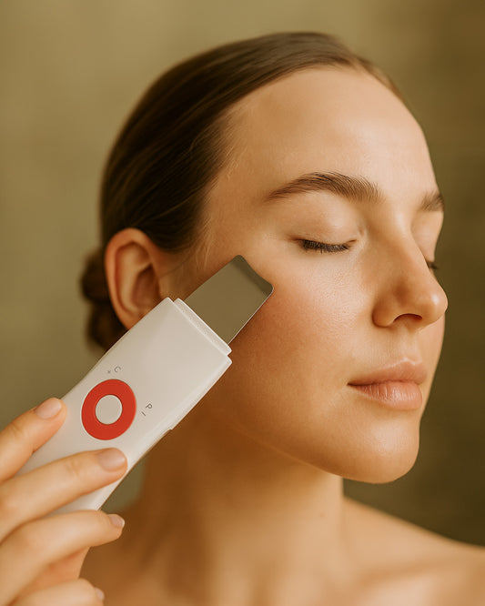 Woman using a skincare device on her face with a blurred background