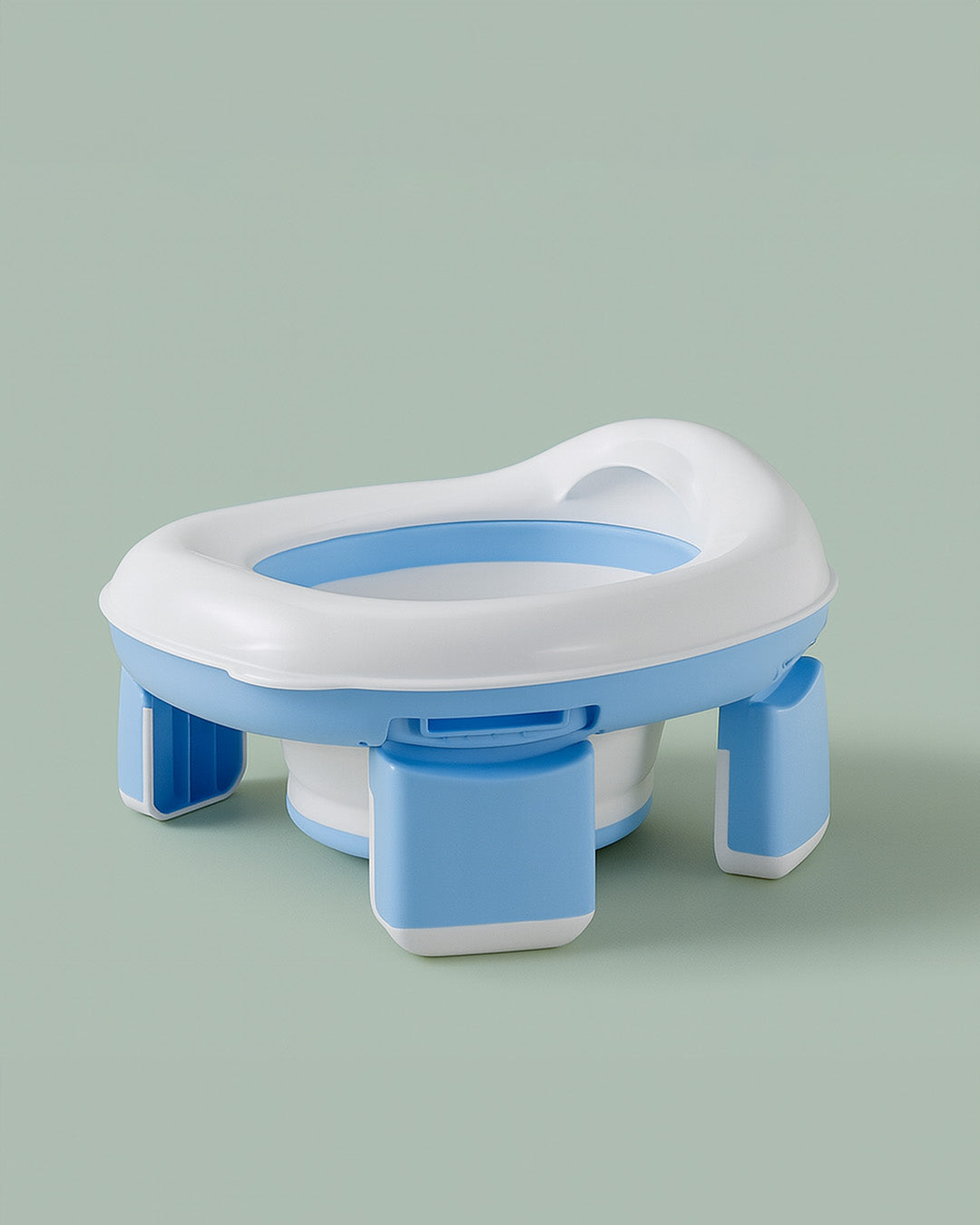 Blue and white potty seat on a light green background
