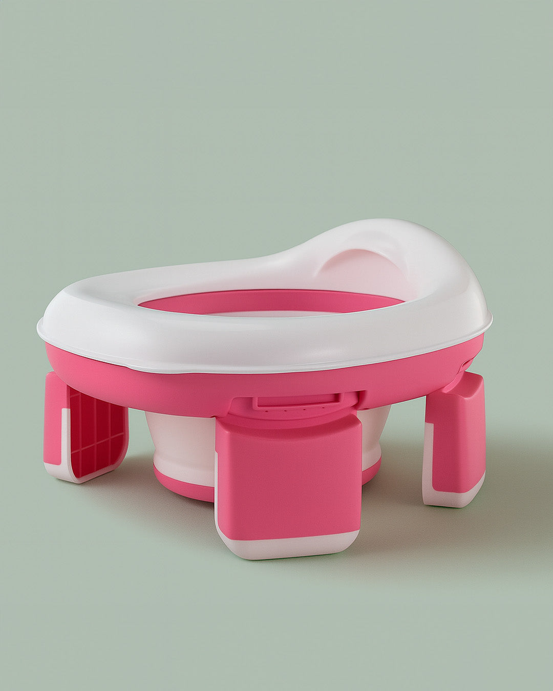 Pink and white plastic potty seat with stand on a light green background