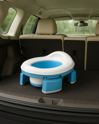 Blue and white portable potty seat in a car trunk