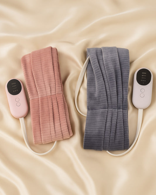 Two hair heating pads, one pink and one gray, with controllers on a beige fabric background.