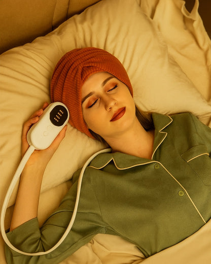 Woman lying in bed wearing a green outfit and orange hair wrap, holding a white remote.