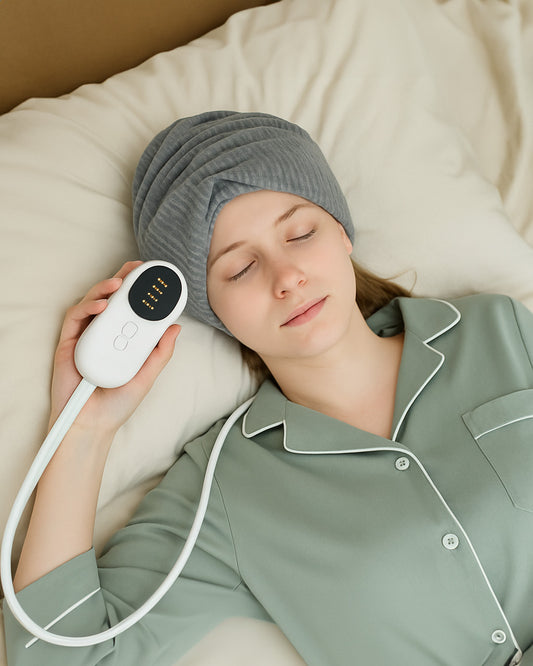 Woman lying in bed with a gray head wrap on her head, holding a white electronic device.