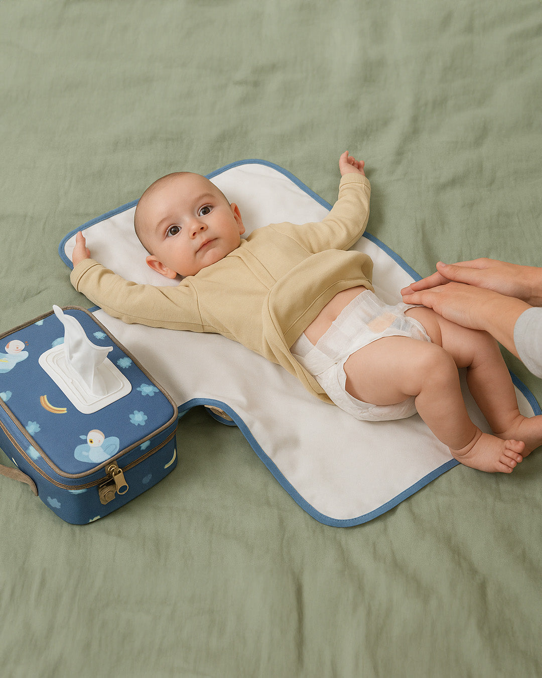 Baby lying on a changing mat with a blue bag of wipes next to it on a green surface.