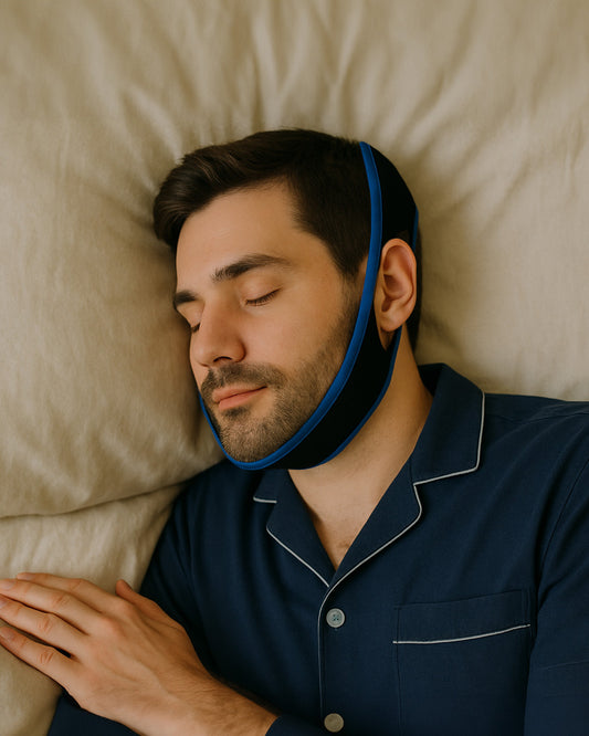 Man wearing a blue chin brace while lying in bed with beige pillows.