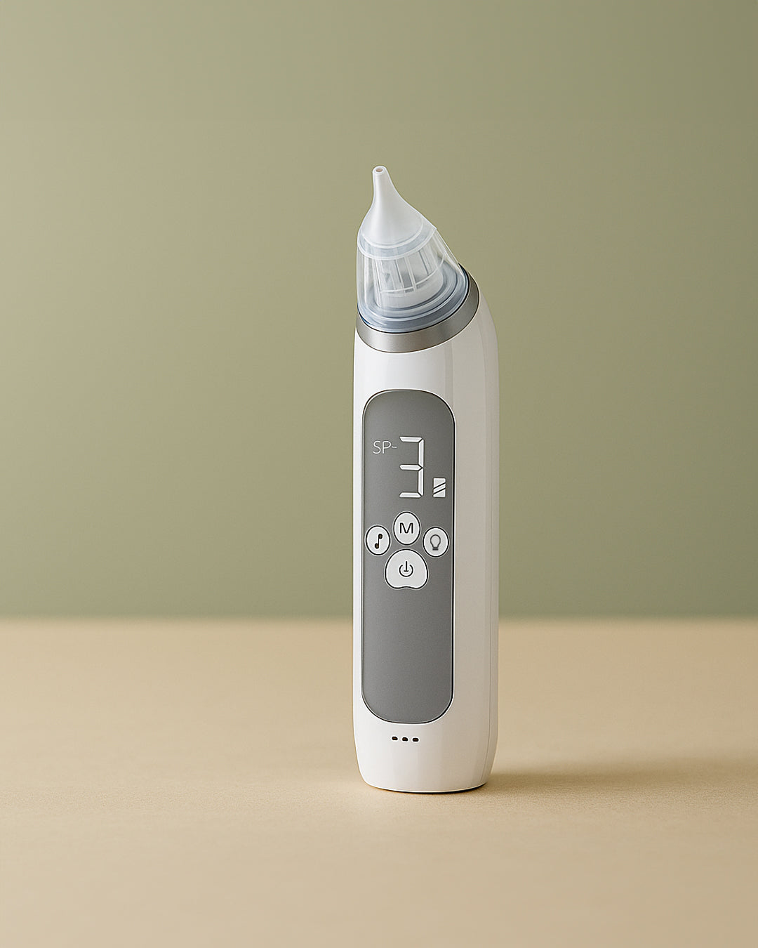 Electric nasal aspirator on a beige surface with a green background