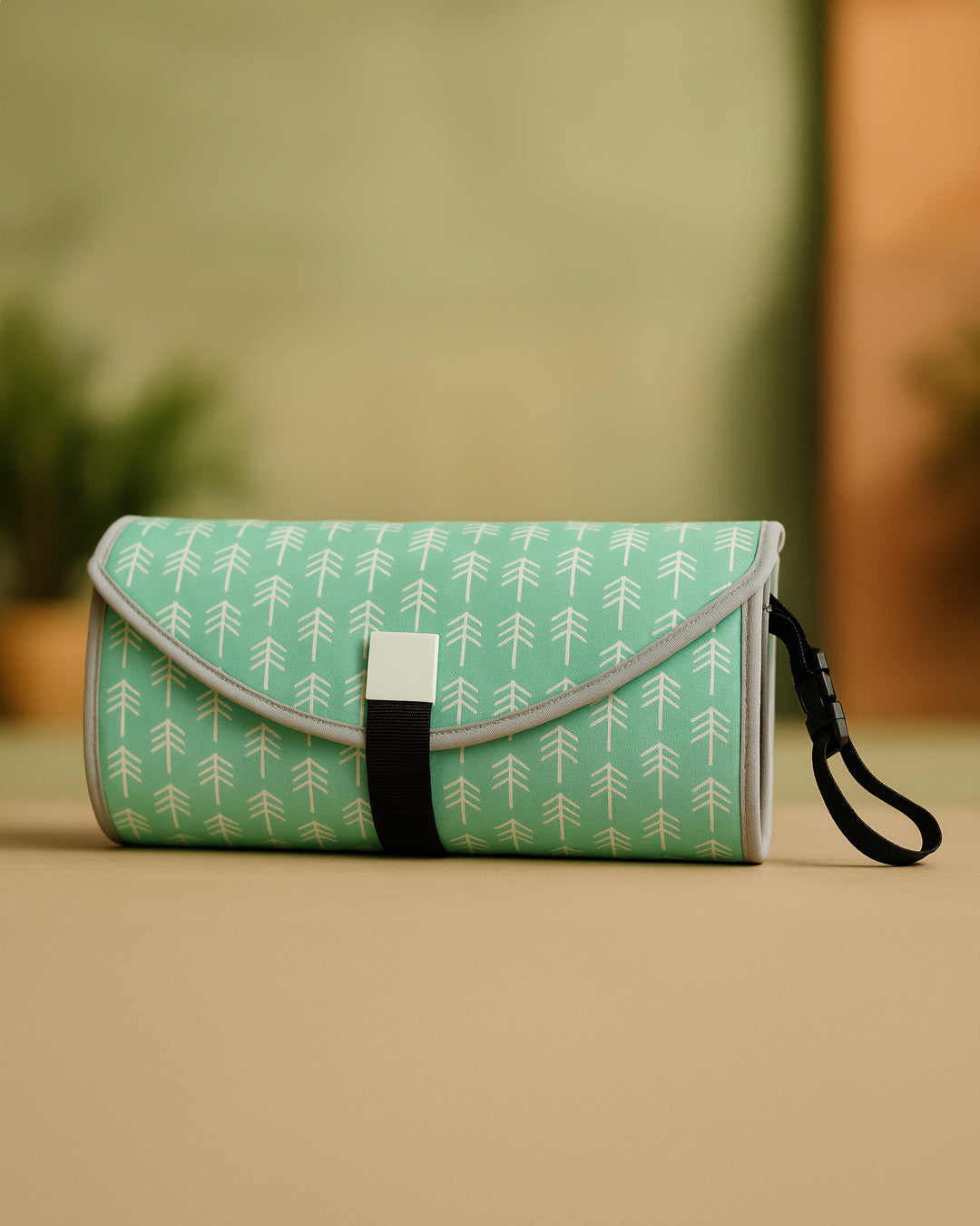 Green patterned bag with a strap on a beige surface