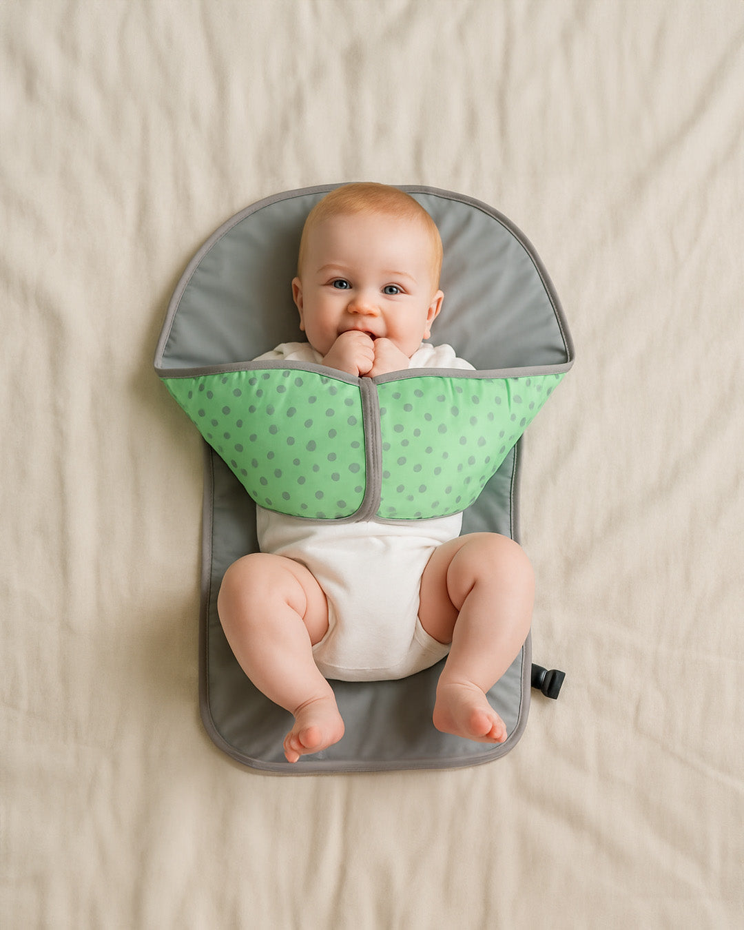 Baby sitting in a green and grey baby change pad on a beige blanket