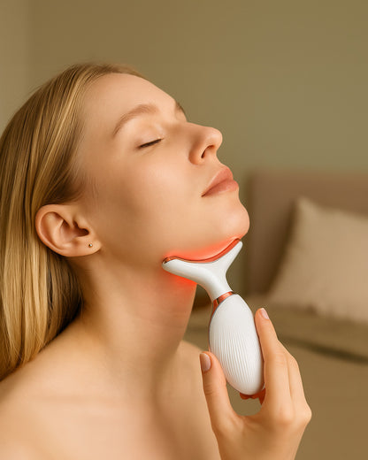 Woman using a white and gold thermal facial massager on her face.