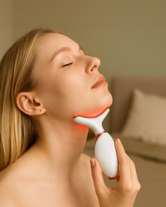 Woman using a white and gold thermal facial massager on her face.