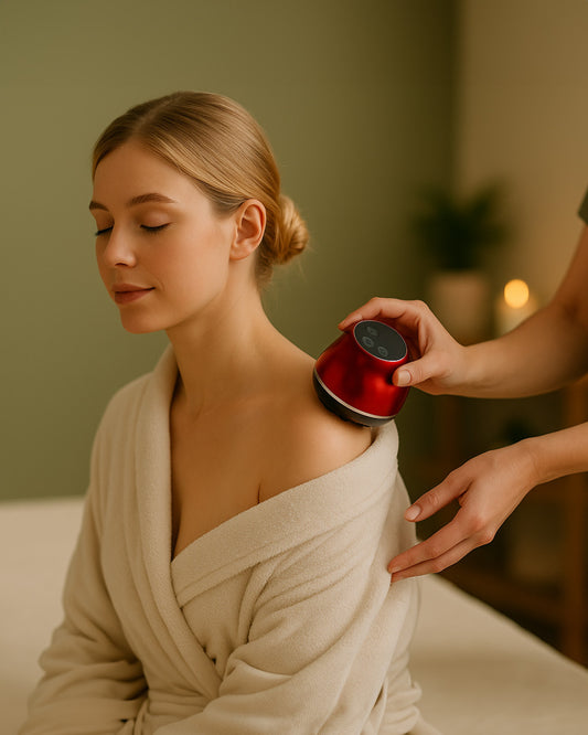 Woman receiving a red handheld device massage in a spa setting