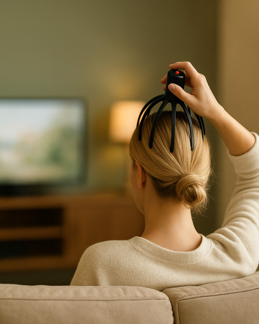 Person using a black scalp massager in a living room with a blurred TV in the background