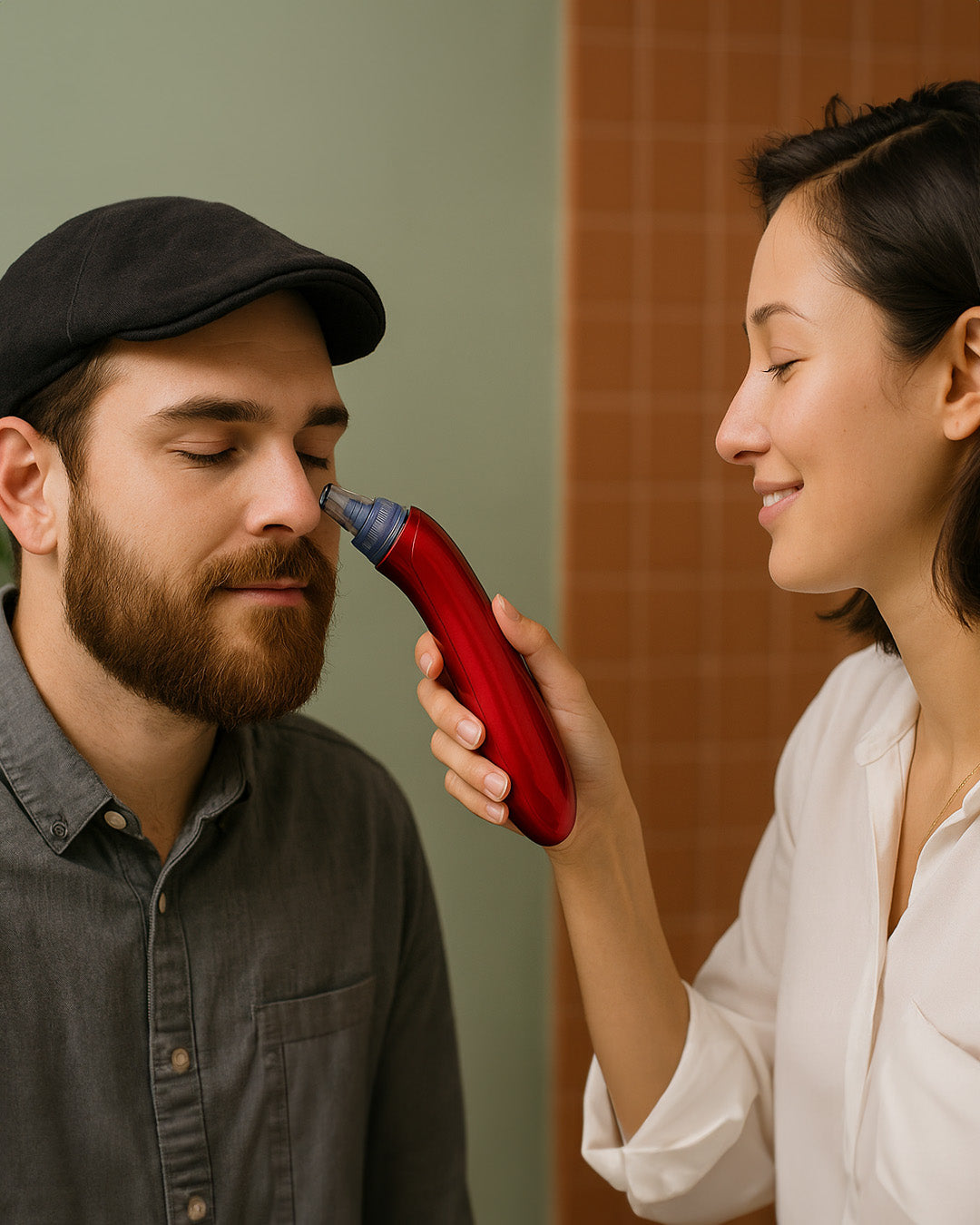 Facial Deep Pore Cleaner being used on brunette male by his partner