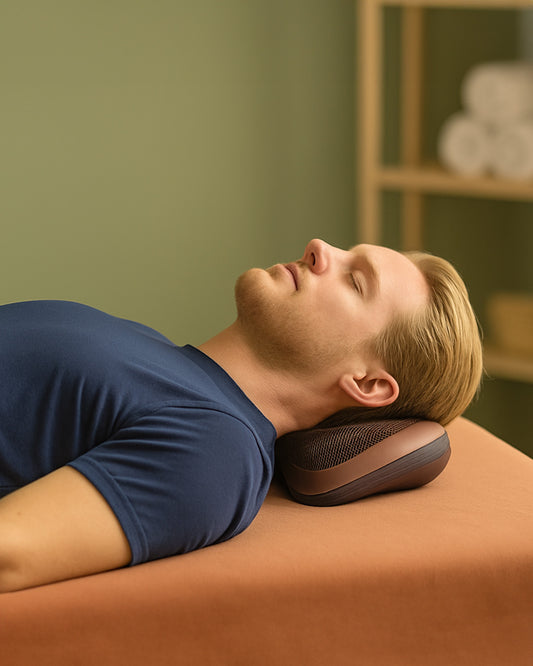 Man receiving neck massage therapy with a neck pillow in a spa setting