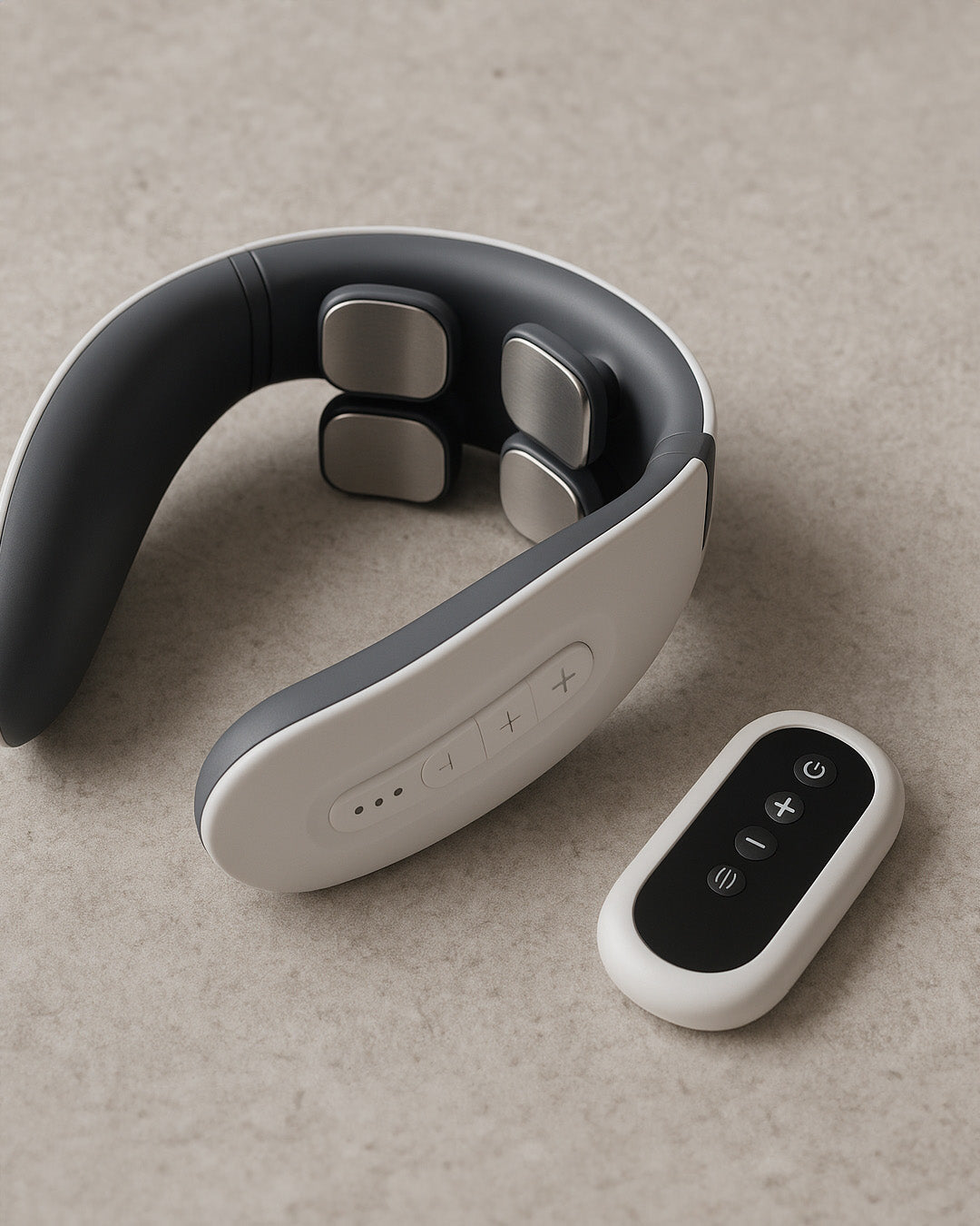 Neck massager with remote control on a beige surface