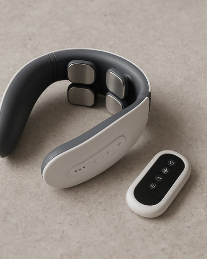 Neck massager with remote control on a beige surface