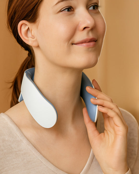 Woman wearing a neck massager against a beige background