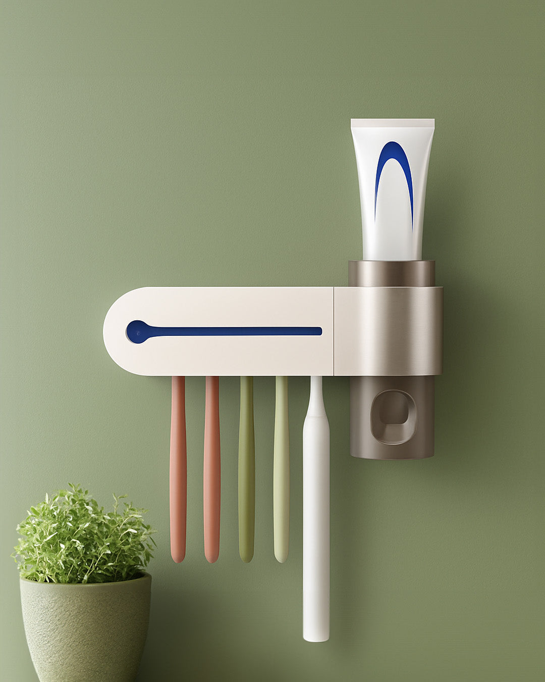 Automatic toothbrush steriliser mounted to a sage bathroom wall holding multiple toothbrushes and toothpaste