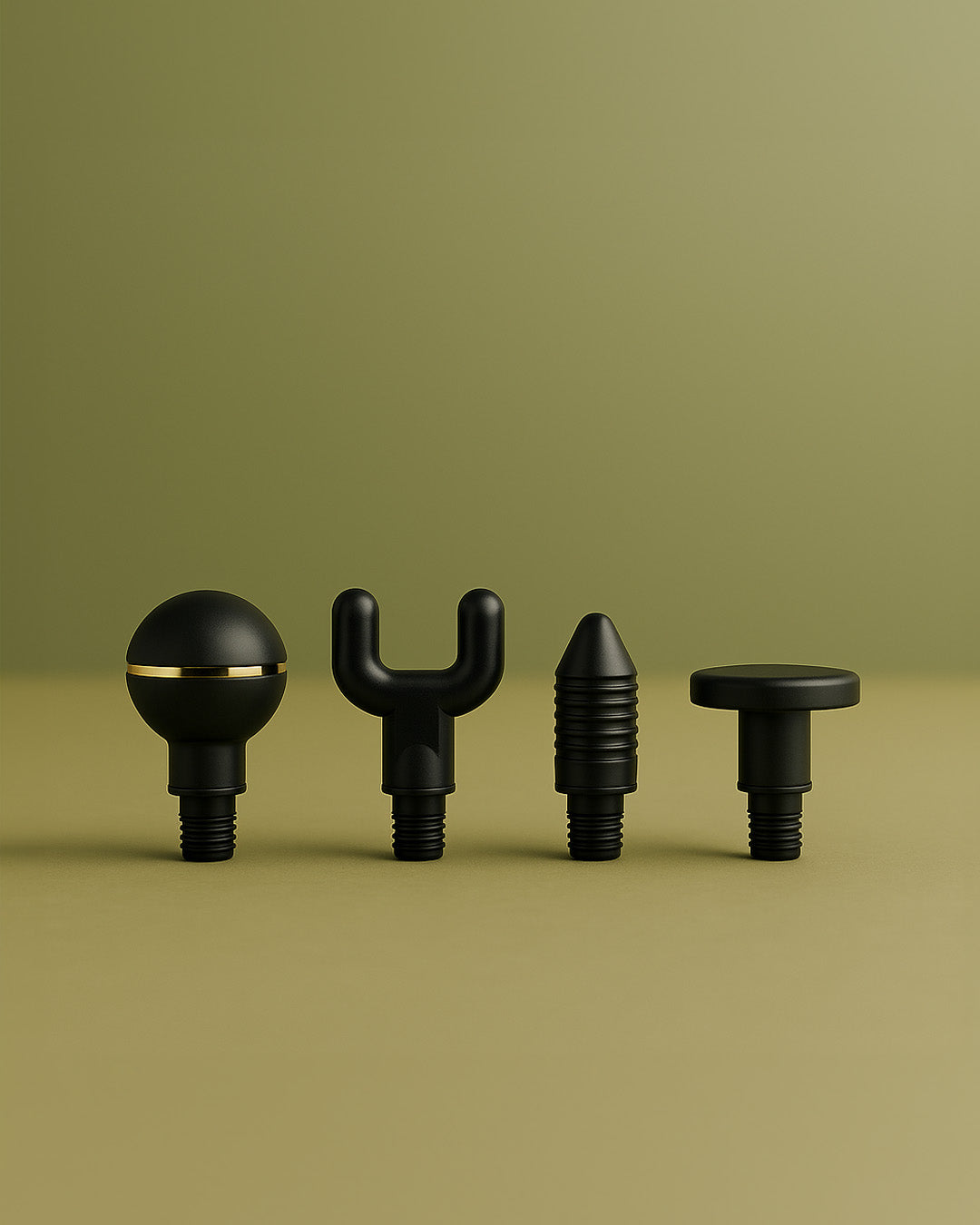 Four black massage gun head attachments on a green background