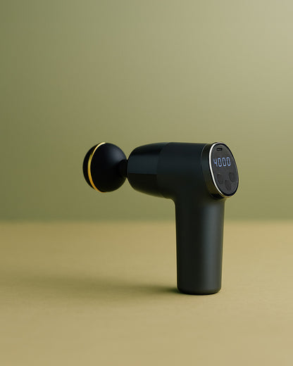 Black massage gun on a beige background