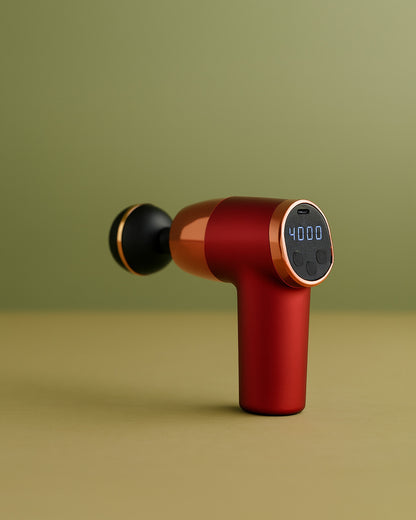 Red massage gun with digital display on a green background