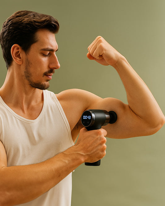 Man using a handheld massage device on his arm against a green background