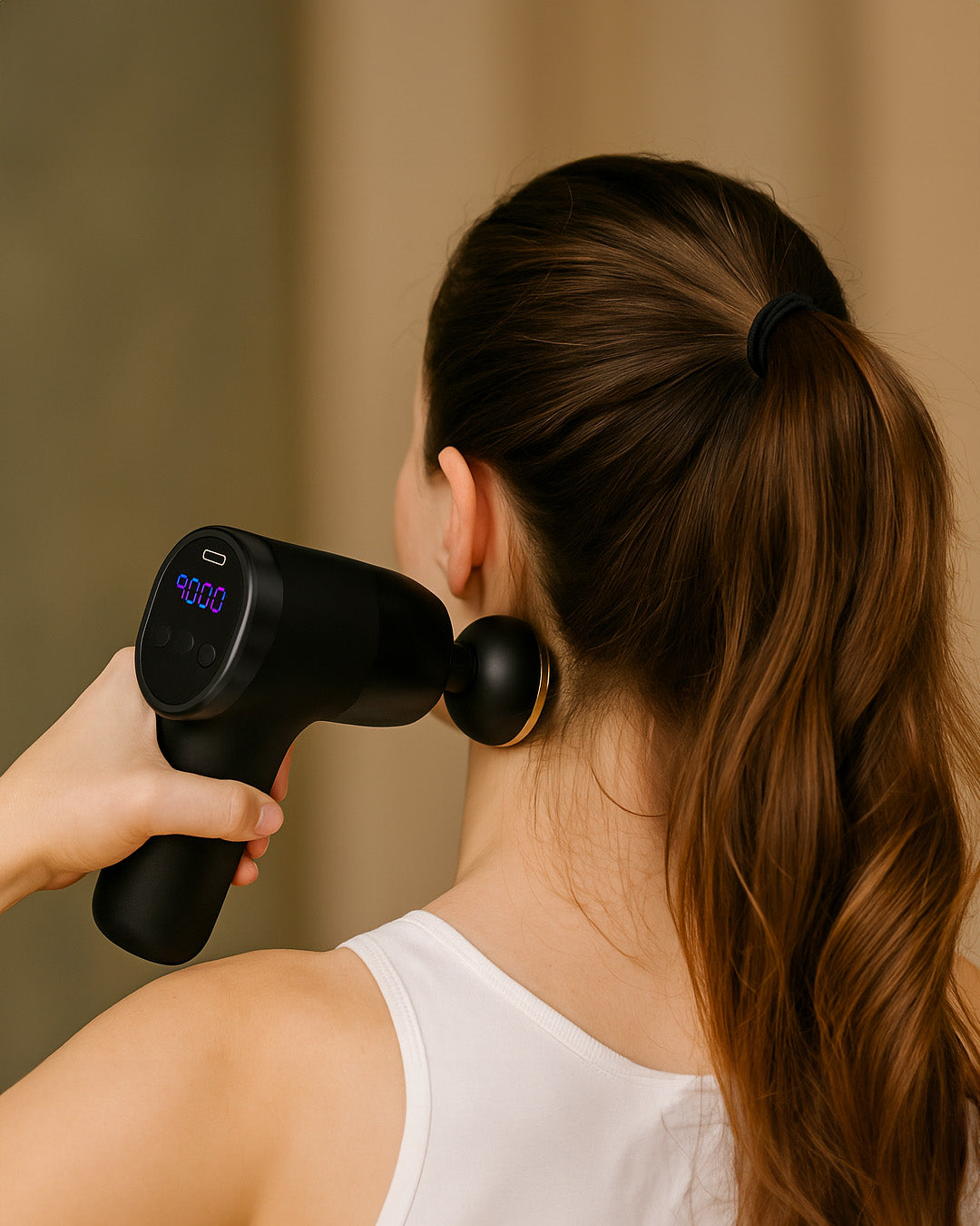 Woman using a handheld massage device on her neck against a beige background