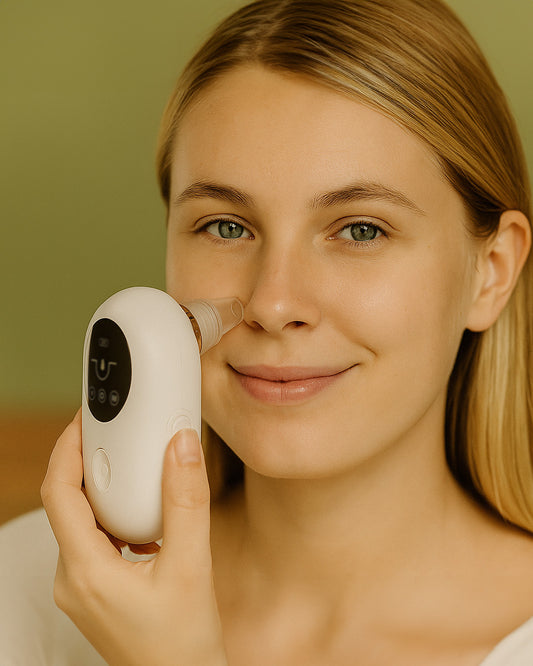 Woman using white Pocket Facial Deep Pore Cleaner on her face against a green background