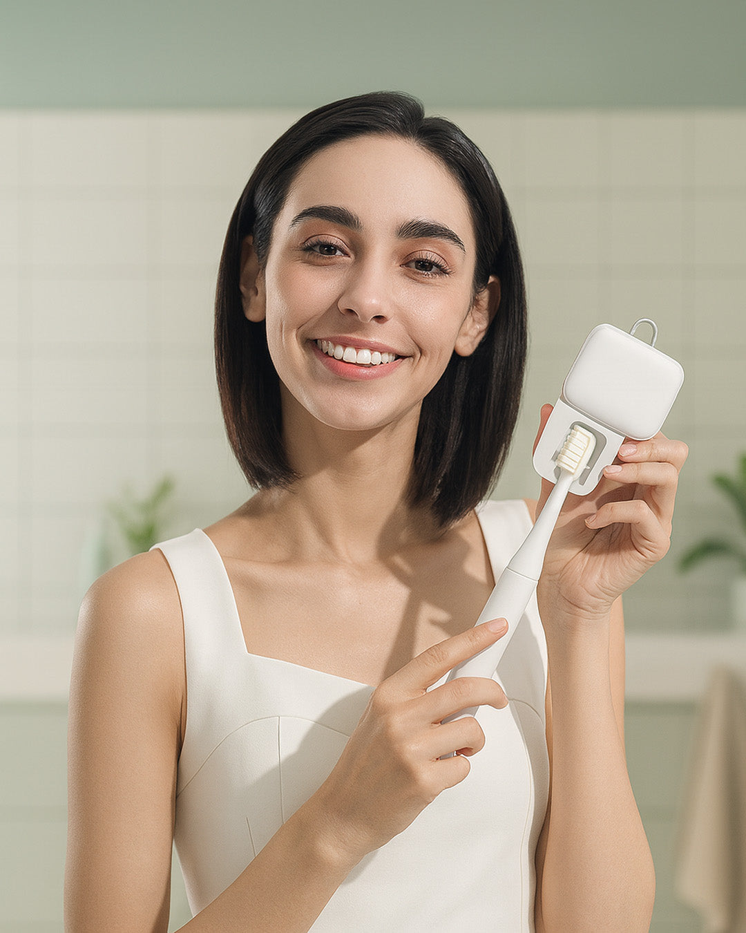 Woman holding her toothbrush in a white electronic uv steriliser device with a light on it, smiling.