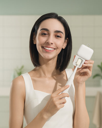 Woman holding her toothbrush in a white electronic uv steriliser device with a light on it, smiling.