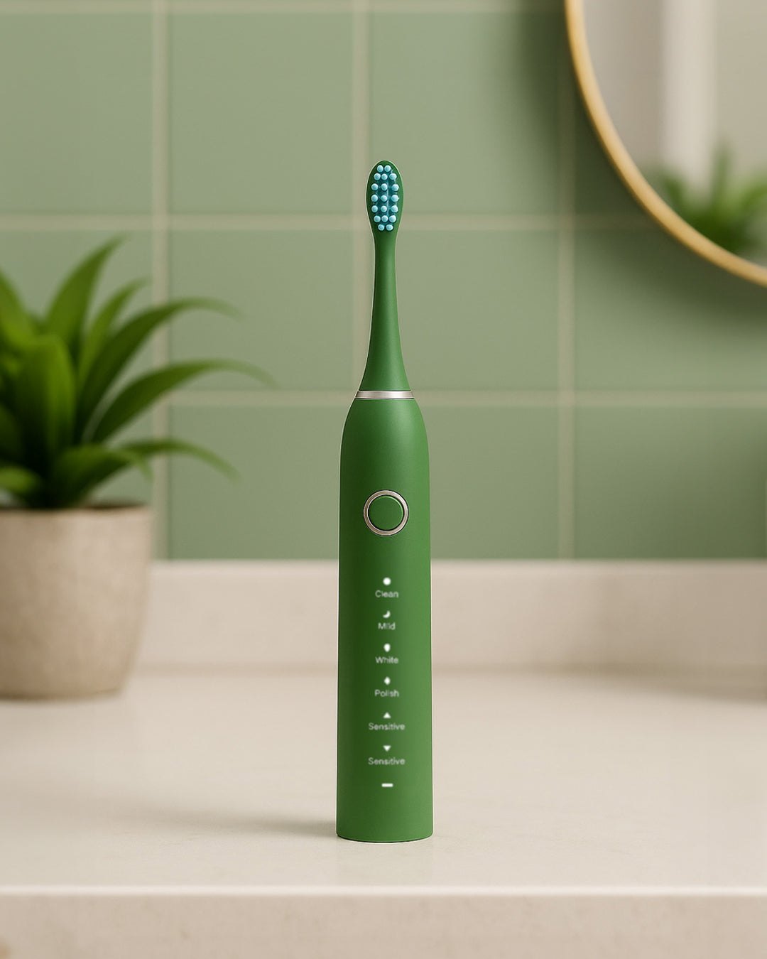Green electric toothbrush on a bathroom counter with a green tiled wall and plant in the background.