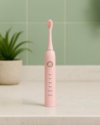 Pink electric toothbrush on a bathroom counter with a green tiled wall in the background