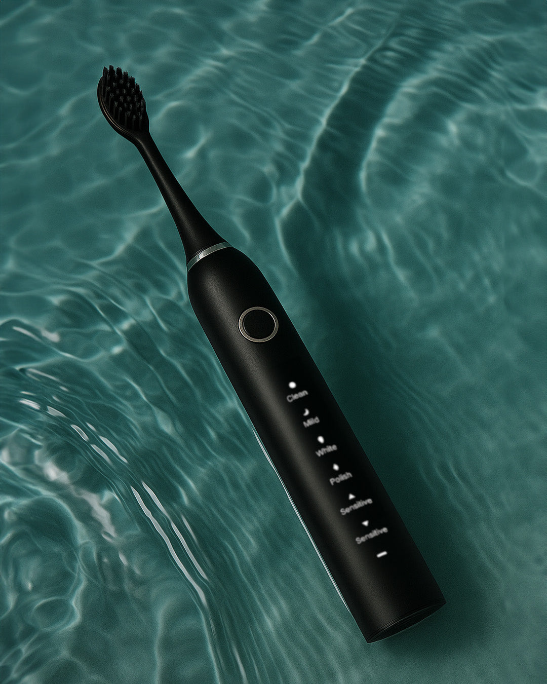 Black electric toothbrush on a blue water background