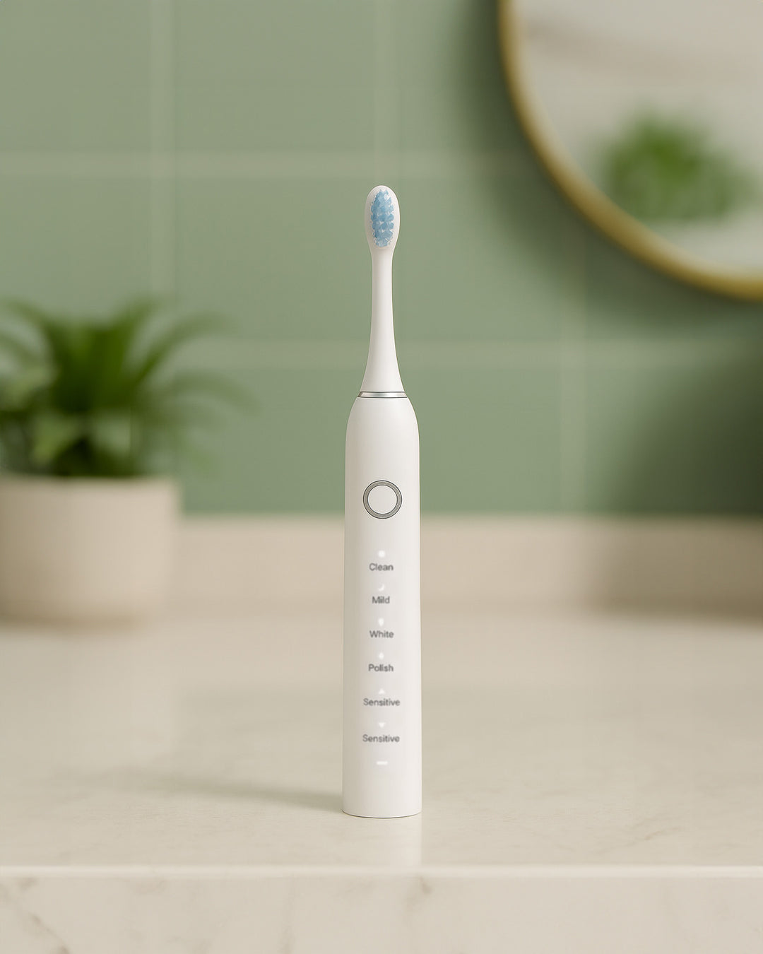 White electric toothbrush with blue bristles on a bathroom counter