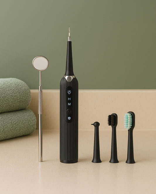 Black dental tool with attachments on a beige surface against a green background