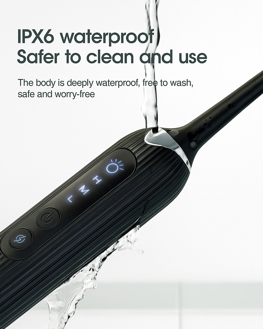 Black electronic device with water splashing around it, featuring IPX6 waterproof text.