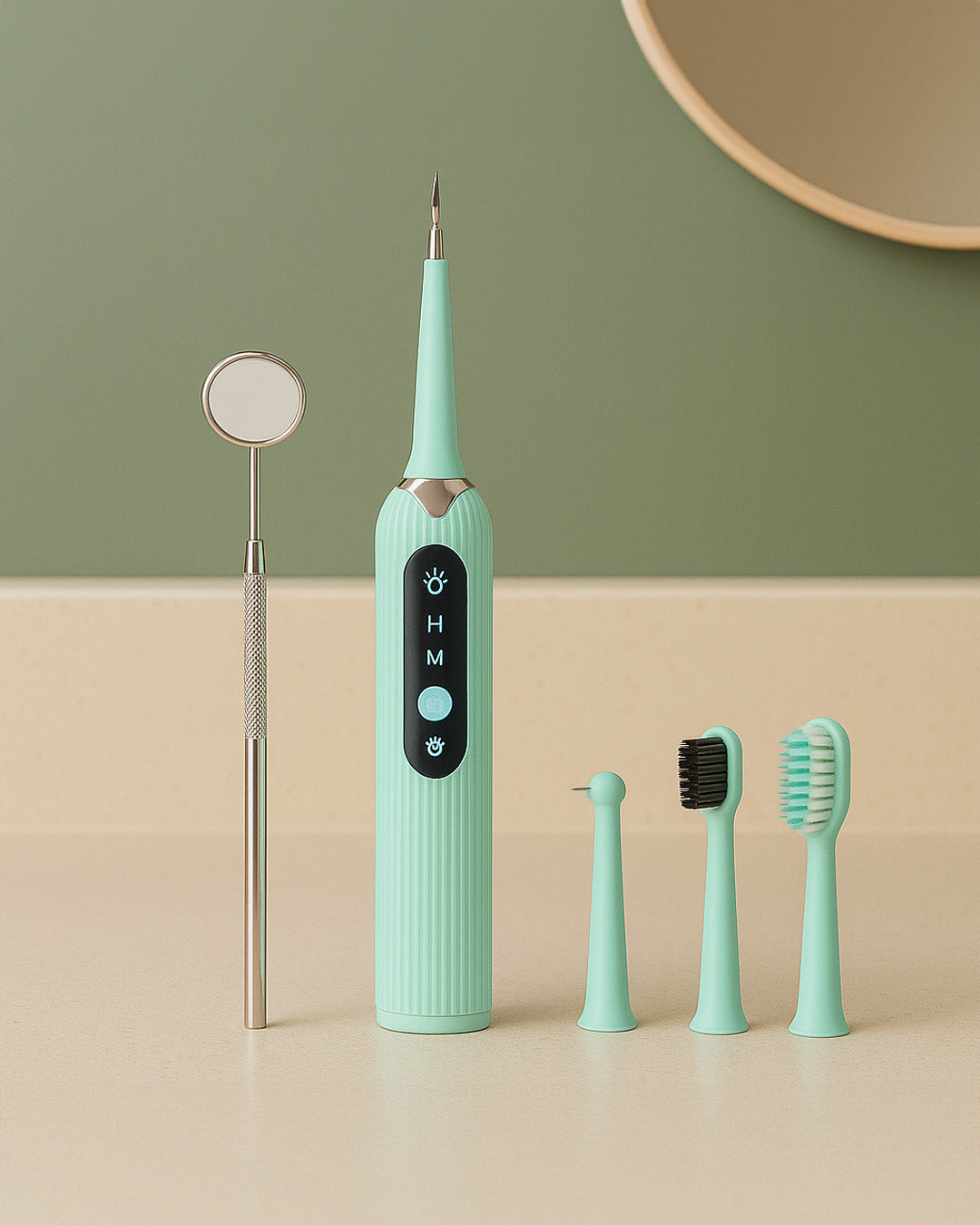 Mint green dental tool set with multiple attachments on a beige surface against a green wall.