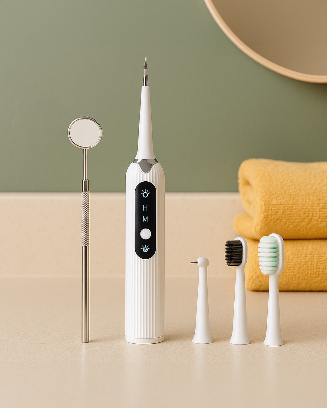 White dental tool with interchangeable heads on a beige surface against a green wall.