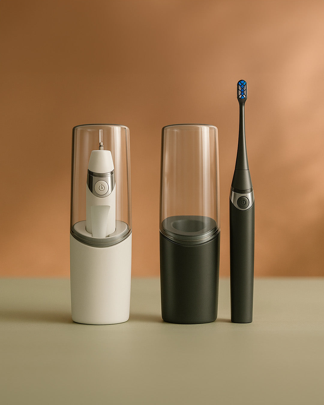 White and Black Travel Electric Rechargeable Toothbrush next to its charging case on a beige surface with a brown background