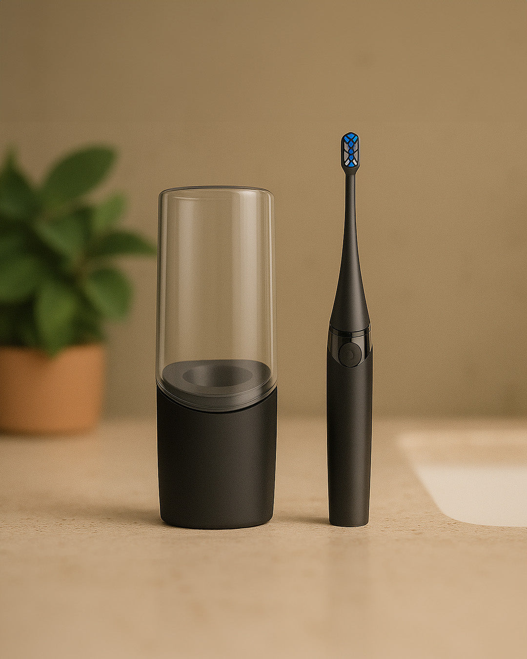 Black electric toothbrush with blue bristle head next to its charging case on a beige surface.