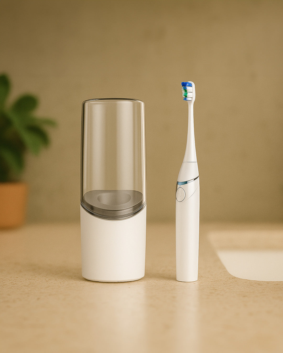 White electric toothbrush next to it's charging steriliser case