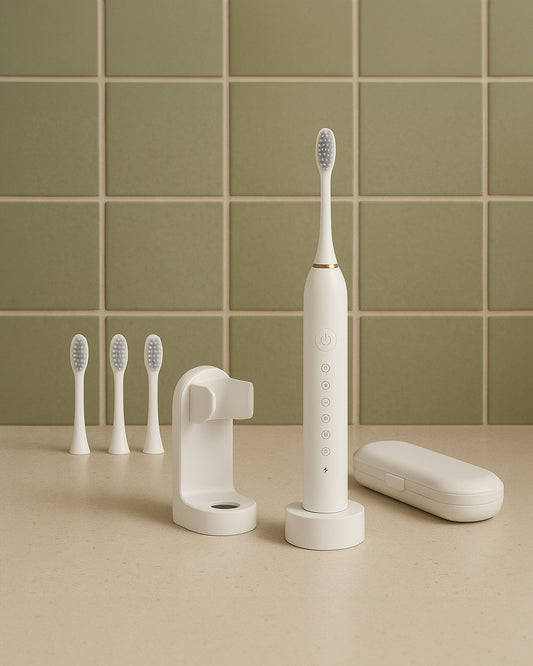 White ultrasonic electric toothbrush with four brush heads and a charging stand on a beige surface with green tiled wall background.