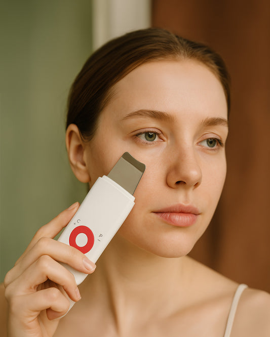 Woman using a skincare device on her face with a blurred background