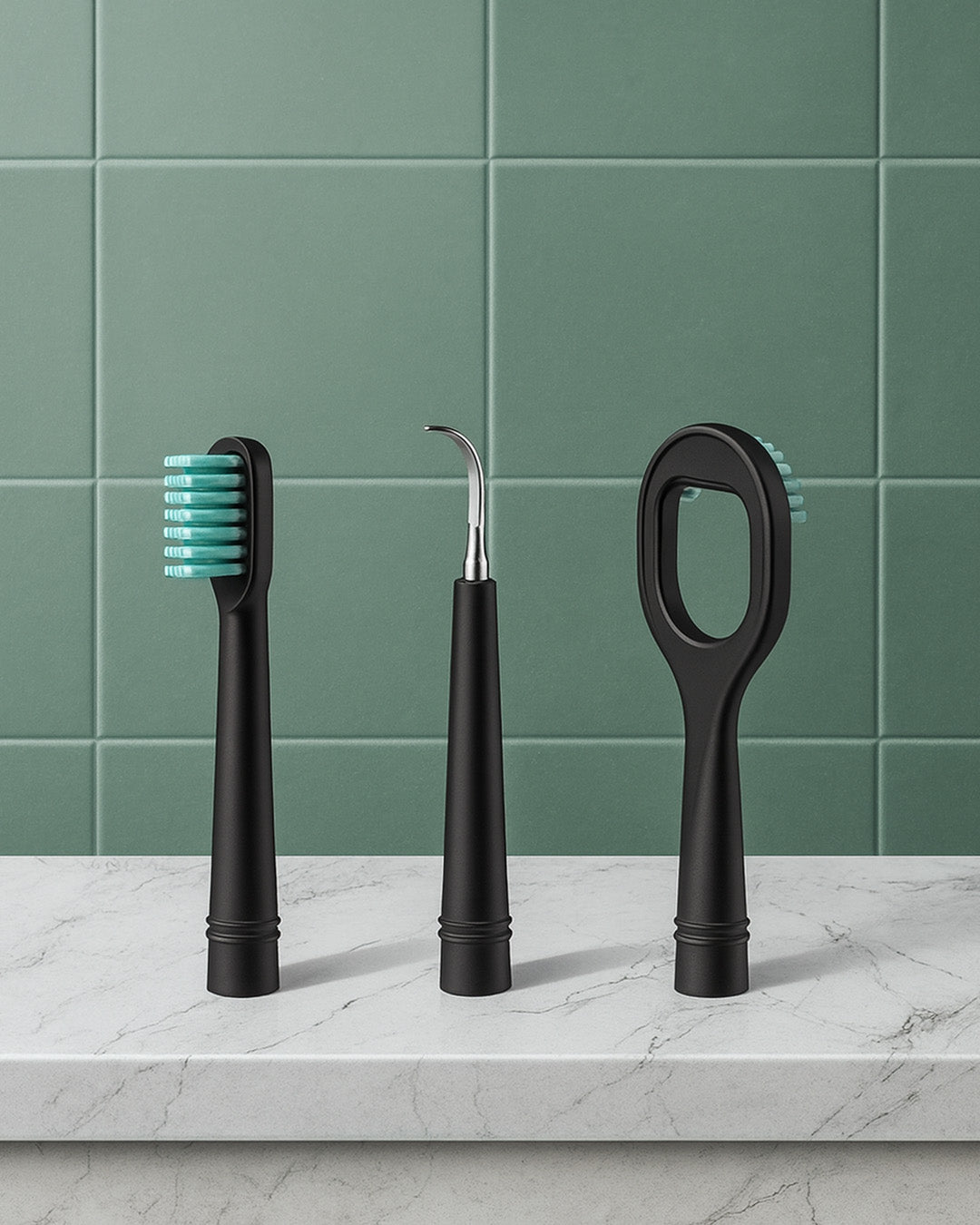 Black electric toothbrush head attachments on a light bathroom counter with sage tile background